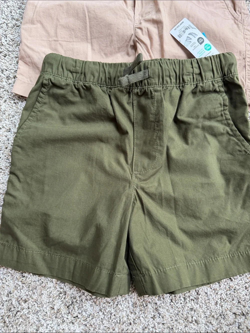 2 - NWT - Carters Elastic-Waist Drawstring Shorts in Olive Green and Light Beige